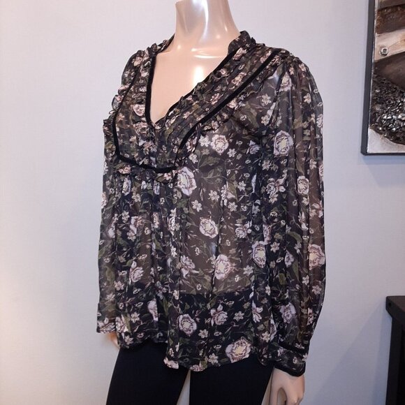 Zara Sheer Floral Blouse Womens Size Medium Black Long Sleeve Boho Peasant Top - Picture 9 of 15